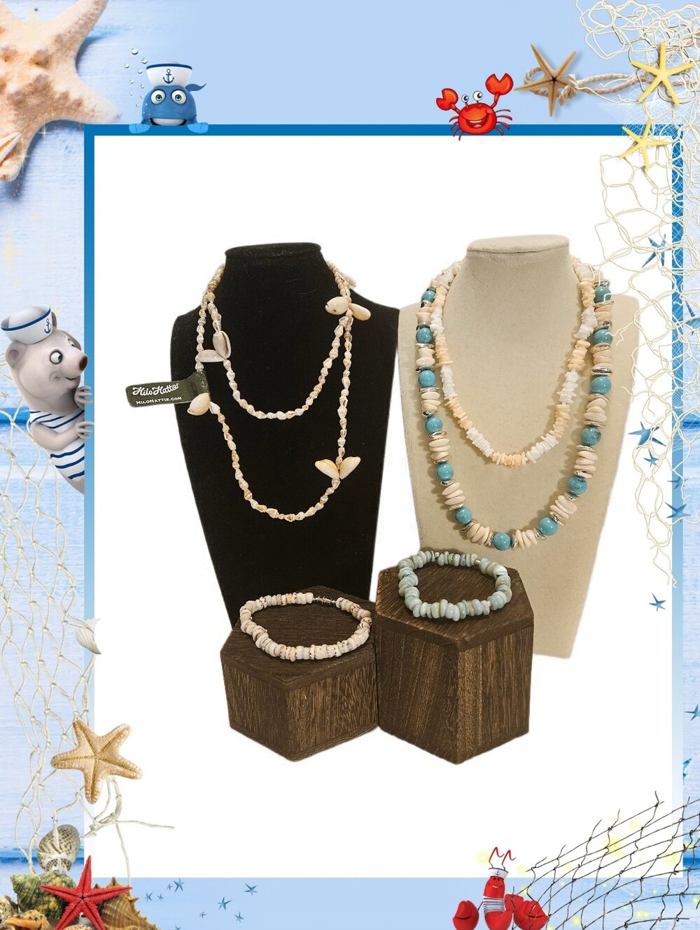 Shell, Stone & Acrylic Jewelry Bundle- Cream & Blue Tones- Beach Vibes